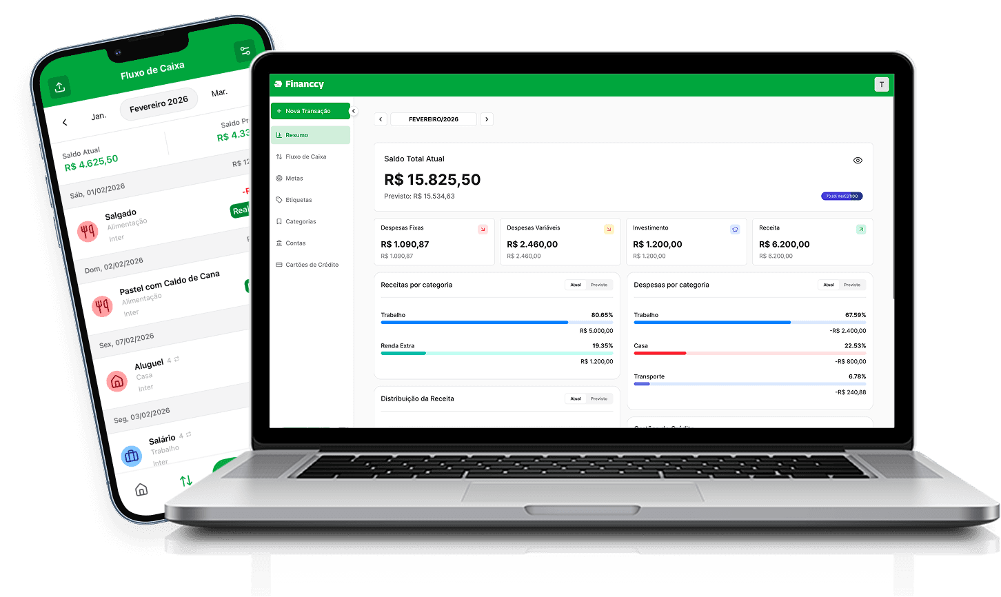 Financcy em laptop e smartphone — organização financeira no desktop e mobile